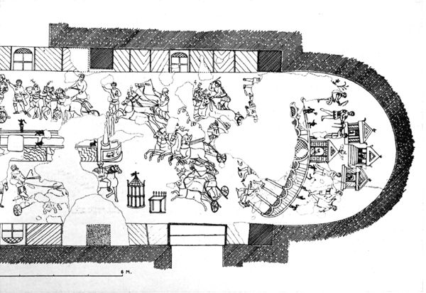 Riproduzione del settore nord occidentale del Circo Massimo 
e dei carceres nel mosaico di Piazza Armerina