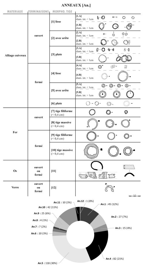Les différents types d’anneaux rencontrés (numéro) et leur sous-types (lettre), ainsi que leur répartition quantitative.



