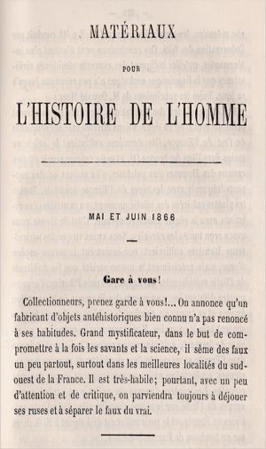 a. Matériaux pour l’histoire positive et philosophique 
de l’homme, 1866 