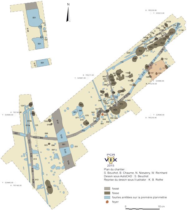 Plan de fouilles du site du Breuil à Vix (relevés : B. Chaume, N. Nieszery, W. Reinhard. Plan sous AUTOCaD : S. Beuchot. Reprise du plan sous Illustrator : K.B. Rothe, 2014).