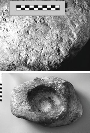 The Tel Zayit mortar with the famous abecedary engraved along its base (top: M. Lundberg and B. Zuckerman; bottom; Zev Radovan, Jerusalem).