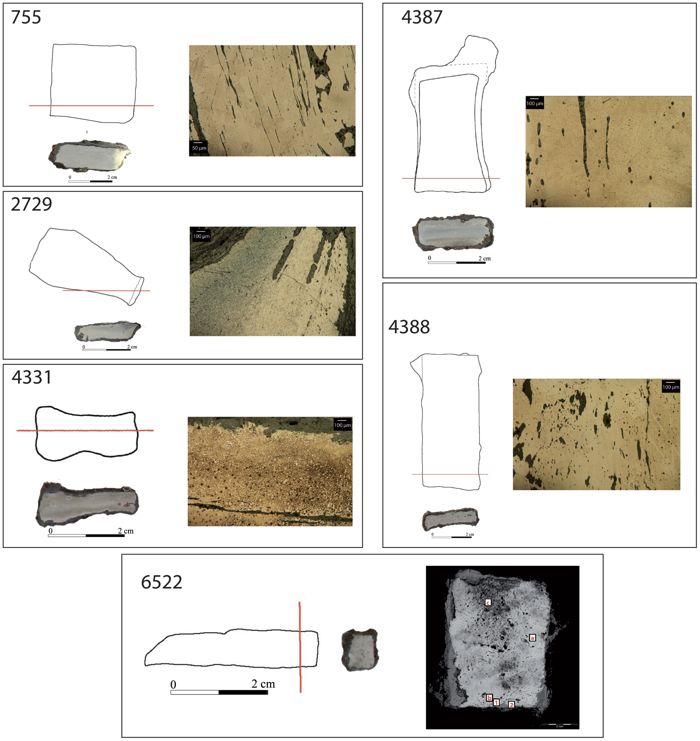 Forme, structure métallographique et localisation des analyses des échantillons de chutes métalliques 
(d’après Filippini 2015 et Caillaud 2017).