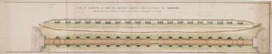 Plan et élévation du pont de bateaux projeté 
pour la ville de Bordeaux, c. 1789 (Archives de Bordeaux Métropole, Bordeaux IX R 134).
