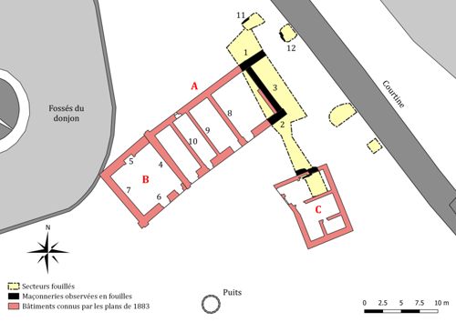 Restitution de la prison (rez-de-chaussée) d'après les données archéologiques et les plans du XIXe siècle (DAO : A. Gottfrois, Ville de Caen).