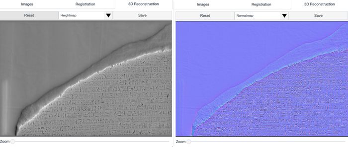 An example of the output of the SFS algorithm. The deeper inscribed points appear darker in the depth map (left). The normal map (right) shows the curvature of the inscribed surface.