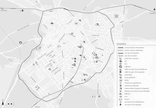  Canosa, area urbana: ricostruzione schematica dell’articolazione insediativa in età romana (da Cassano et al. 2019, 228-229, con integraz.).