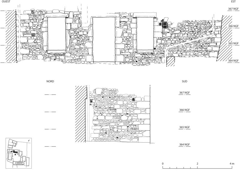 Bâtiment septentrional, étage inférieur. Élévations extérieures des murs sud et ouest. © X. d’Aire, P. Gerbet.