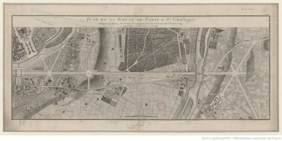 Plan de la route de Paris à Saint-Germain 
avec le nouveau pont construit par Perronet, ca. 1768 (BnF, gallica).
