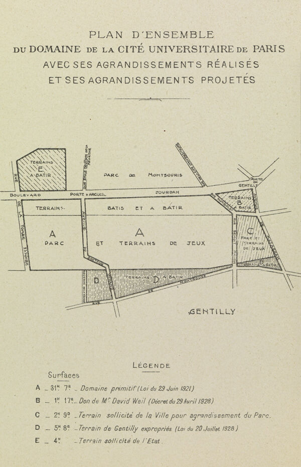 Fig. 5. Plan d’ensemble de la Cité universitaire et de ses agrandissements successifs. Domaine primitif (A), Terrain donné par David-Weill (B), Terrain appartenant à la ville de Paris demandé par la CIUP (C), Terrains acquis auprès de la commune de Gentilly (D), Terrains de « la Remonte » appartenant à l’État (E), 1929 (Archives nationales, AJ16/7034, Centre du Patrimoine de la CIUP. Conseil régional d’Île-de-France, service Patrimoines et Inventaire, 2009, Philippe Ayrault).