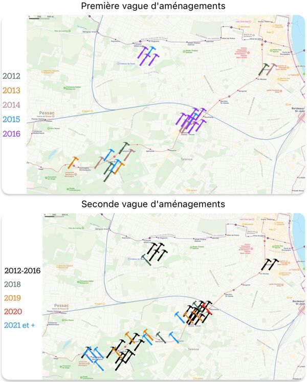 Fig. 11. Travaux, période 2012-temps présent (données tirées du document produit par université de Bordeaux, Schéma pluriannuel de stratégie immobilière. Période 2017-2021, op. cit. Fond de carte Apple Plans ; ajouts, Alexandre Frambéry-Iacobone, septembre 2023).