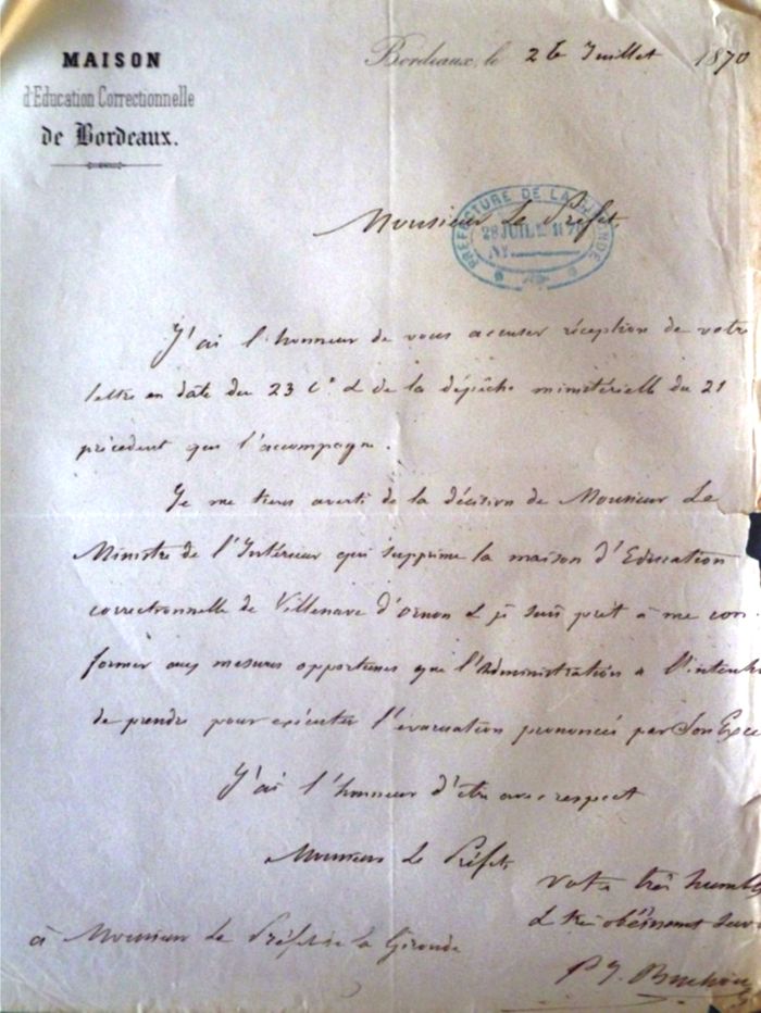 Fig. 13. Lettre de l’abbé Buchou au préfet entérinant la fermeture de la Maison d’éducation correctionnelle (Source : ADG, Y 260).