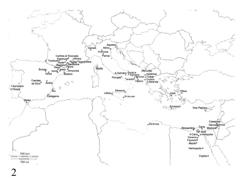 Carta di distribuzione delle anfore adriatiche tardo-repubblicane: 1) Lamboglia 2 (da Cipriano & Carre 1989); 2) ovoidali brindisine prodotte ad Apani (da Palazzo 2013).
