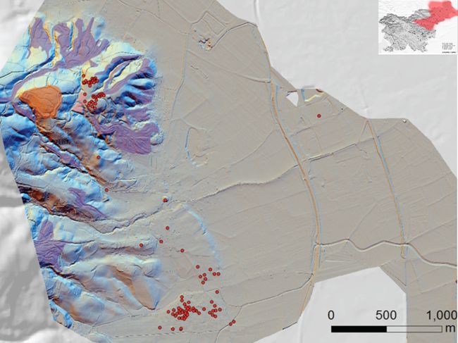 Poštela, LiDAR image of the hillfort with clusters of tumuli, lying lower, on the slopes of Pohorje, as well as at the hillfort’s base, between the villages of Razvanje und Pivola (after M. Črešnar). 