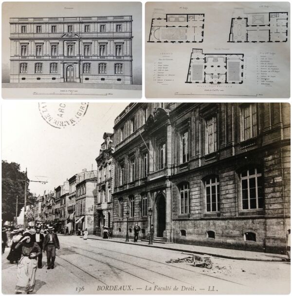 Fig. 6. Vue du bâtiment définitif, façade principale et plans (Archives de Bordeaux Métropole, Bordeaux, VIII Q 1, 2 et 3).