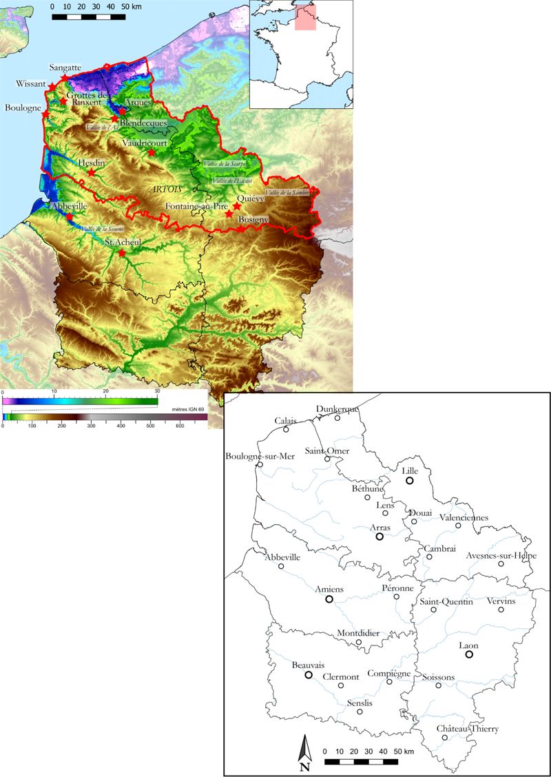 Zone d’étude et principaux sites archéologiques et localités mentionnés dans le texte. Fond de carte : L. Deschodt © Inrap ; DAO : M.Pagli, SRA-DRAC.