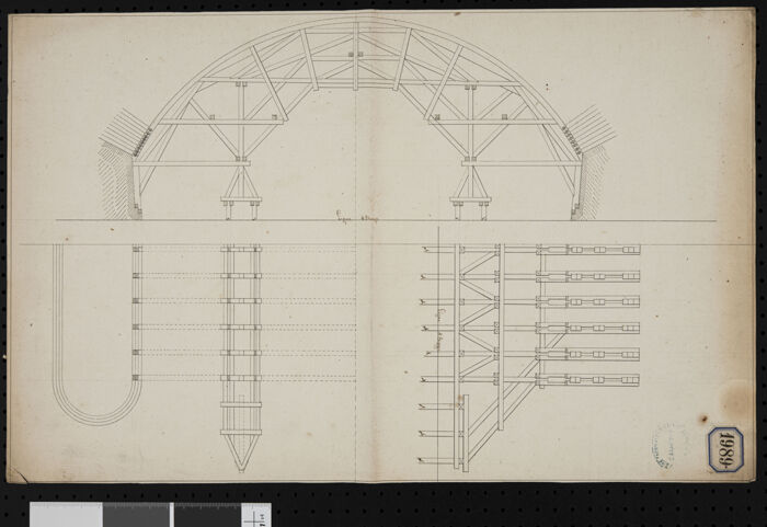 Divers croquis pour le dessin des charpentes des cintres 
et la plateforme de levage, l’un signé Deschamps et daté 1818 
(Archives de Bordeaux Métropole, Bordeaux 132 O 1).
