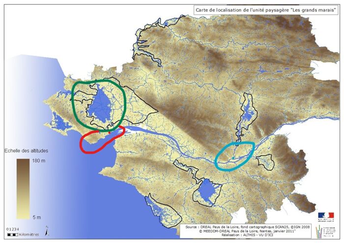 Carte de localisation de l’unité paysagère des « grands marais » 
(Fond de carte : DREAL, Pays de la Loire, 2011).
