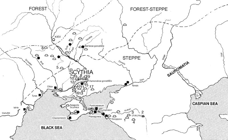 La région nord-pontique : zones géographiques et principaux sites de la culture scythe (Ivantchik 2011, Map 3.1).