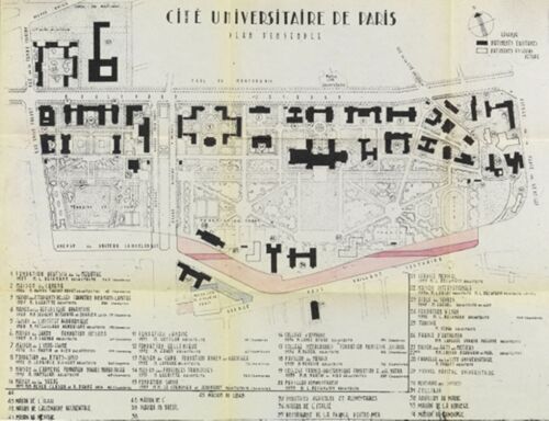 Fig. 6. Plan d’ensemble de la CIUP montrant le tracé du futur boulevard périphérique (en rose), d’une largeur de 60 mètres, c. 1960 (Centre du Patrimoine de la CIUP. Conseil régional d’Île-de-France, service Patrimoines et Inventaire, 2009, Philippe Ayrault).