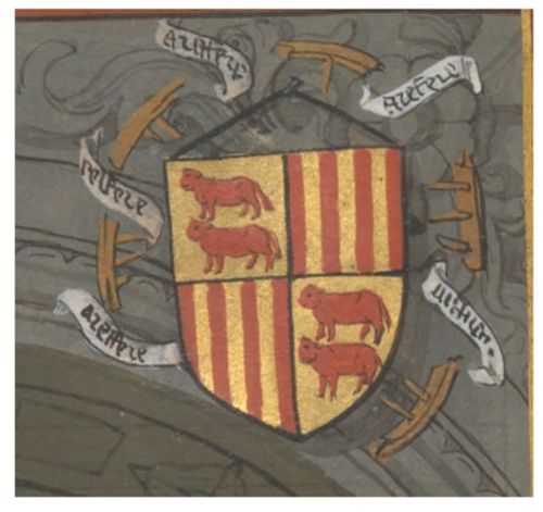 Cueur commentant les armes et la devise de Gaston de Foix : une roue brisée et le mot A REFAIRE, vers 1460 (René d’Anjou, Livre du Coeur d’Amour épris, Paris, Bnf, Ms. Fr. 24399, fol. 89).