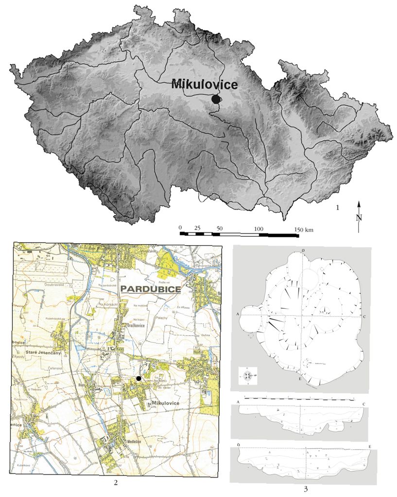  Position du site de Mikulovice sur la carte de la République Tchèque ; 2. Position du site de Mikulovice sur la carte régionale 1: 25 000 (adaptée) ; 3. Plan et profils de la structure 8.