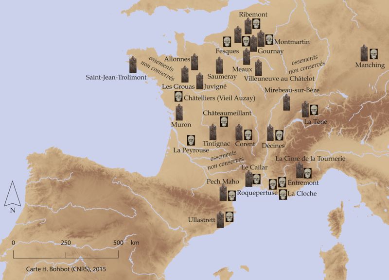 Carte des principaux sites du Second âge du Fer ayant livré des pratiques à caractère guerrier, datées entre la fin du IVe siècle a.C. et le Ier siècle a.C. (DAO R. Roure, carte H. Bohbot, CNRS-ASM).