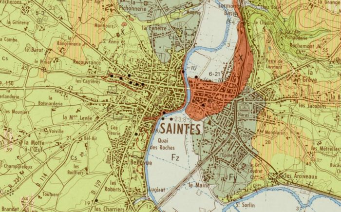 Carte géologique de la région de Saintes (Geoportail, IGN 2022).