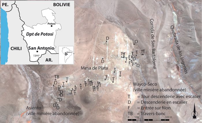 Emplacement des entrées de mine à San-Antonio-de-Lipez (actuel Bolivie), image satellitaire Geoeyes du 24 mars 2011.
