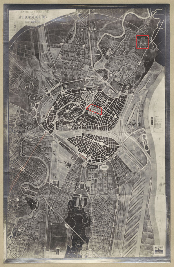 Fig. 2. Concours pour l’établissement du plan d’aménagement, d’embellissement et d’extension, projet « Strasbourg, Métropole de l’Est », Niedermann et Hippenmeier, architectes à Zurich (1924) (Archives de la Ville et de l’Eurométropole de Strasbourg, 170 W 23). Les encadrés signalent l’emplacement du campus impérial existant et, au nord, le site envisagé pour une cité universitaire.