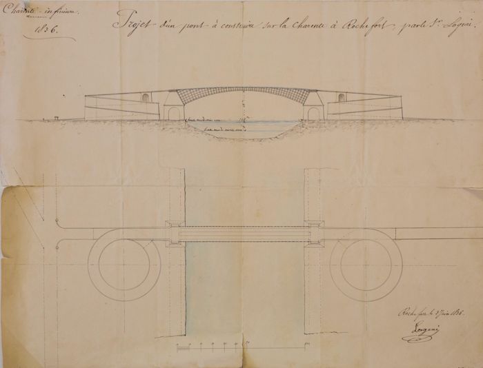 Plan et élévation du projet de pont à structure de bois et rampes d’accès en spirale, à réaliser à Rochefort, imaginé par Jean Logeai, 1836 (Médiathèque Erik Orsenna, de Rochefort, CHA 221).
