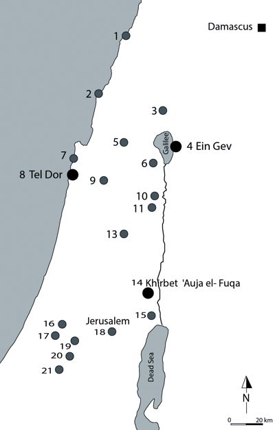 Map of the study area and the sites cited in the text (from N to S, W to E): 1. Sarepta; 2. Horvat ’Ein Koveshim; 3. Hazor; 4. Ein Gev; 5. Tel Tannim; 6. Tel Yoqneʿam; 7. El-Ahwat; 8. Tel Dor; 9. Megiddo; 11. Tel Rehov; 12. Tel Jawa (outside map); 13. Mount Ebal; 14. Khirbet ‘Auja el-Fuqa; 15. Jericho; 16. Tel Batash-Timnah; 17. Tel Miqne-Ekron; 18. City of David (Jerusalem); 19. Beth-Shean; 20. Khirbet Qeiyafa; 21. Lachish. The three main sites of the study area are highlighted with dark circles.