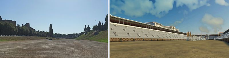 La ‘pista’ del Circo Massimo oggi, a sinistra, e nella ricostruzione 
virtuale, a destra