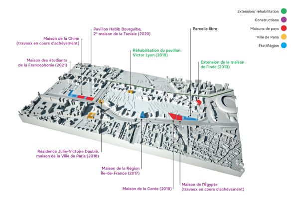 Fig. 9. Plan indiquant les nouvelles maisons et les réhabilitations de la troisième phase de développement de la CIUP, « Cité 2025 » (plan EXP architectes, légendes adaptées par l’autrice).