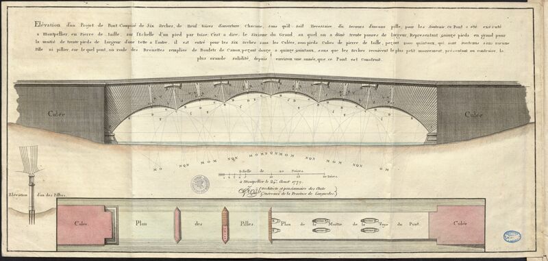 Jean-Antoine Giral, Élévation d’un projet de pont composé de six arches 
de neuf toises d’ouverture chacune (Archives départementales de l’Hérault, C 5739).
