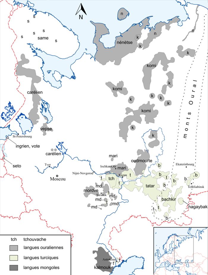 Carte des principales aires des langues minoritaires de Russie de l’ouest concernées par l’étude, réalisée par Yuri B. Koryakov (Institut de Linguistique de l’Académie des Sciences de Russie, Moscou), avec son autorisation et nos remerciements.