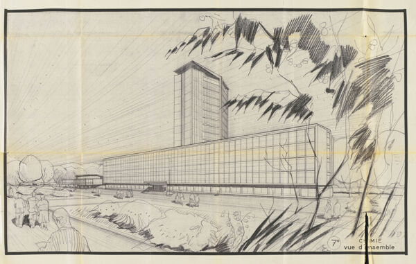 Fig. 10. Vue perspective de la tour de l’École de chimie depuis l’ouest, vers 1959. R. Hummel architecte associé à M. Bourstin, A. Weinstein et A. Kronenberger (Archives de la Ville et de l’Eurométropole de Strasbourg, 651W24).