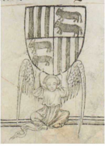 Les armes du comte de Foix, Gaston III, supportées par un ange, vers 1390 (Livre de la Chasse, Paris, BnF, Ms. 619, fol. 1r.)