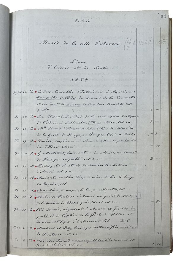 Livre des entrées et des sorties du musée d’Annecy, rédigé par Gabriel de Mortillet en 1854. MAN, centre des archives, fonds des registres, 2019008/3.