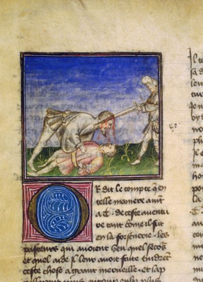 Tristan fou tuant Taulas de la Montagne © MS.Paris,  BN.fr  97, 138 verso, I, l.1-11.