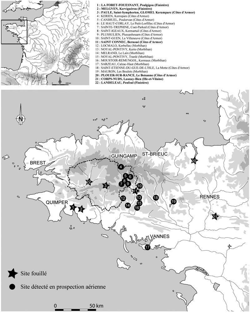  Localisation des sites fouillés ou découverts en prospection aérienne mentionnés dans le texte (DAO L. Quesnel,UMR 6566 CReAAH) ; les numéros de sites sont repris dans l’ensemble des figures.