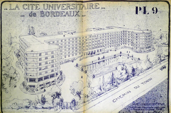 Fig. 3. Vue à vol d’oiseau du projet de cité universitaire de Cyprien Alfred-Duprat d’octobre 1928 (Archives du CROUS de Bordeaux, carton cité universitaire).