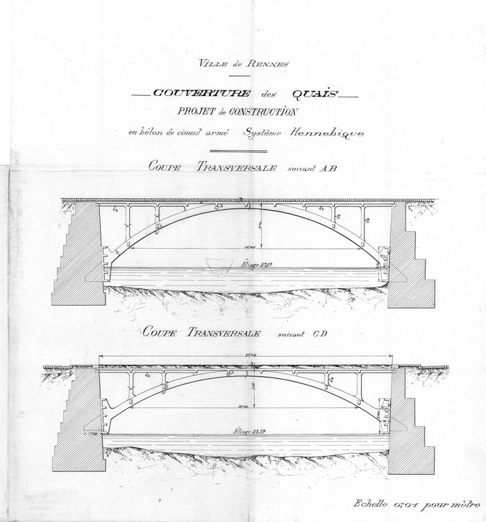 Coupe transversale du système d’arcs Hennebique (Archives Rennes Métropole).
