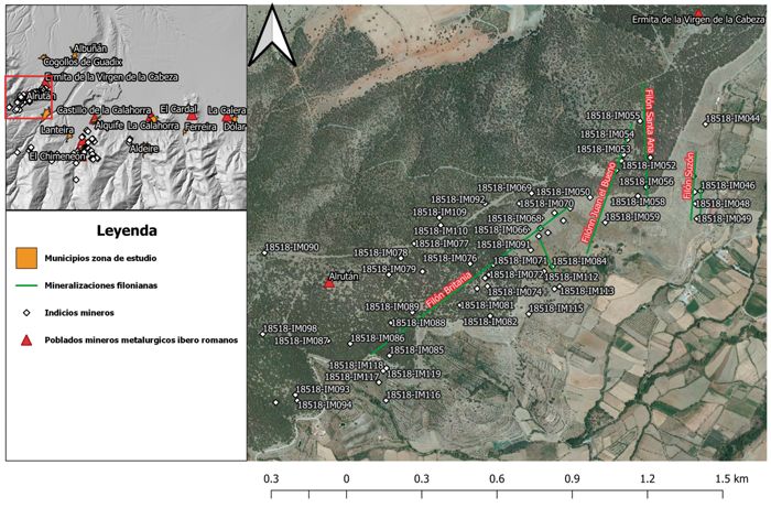 Mapa con la localización de los yacimientos de Peñón de Alrután y Ermita Virgen de la Cabeza y la ubicación de los indicios mineros y filones del paraje de Alrután-La Lorita-Santa Constanza (J. Abellán Santisteban).