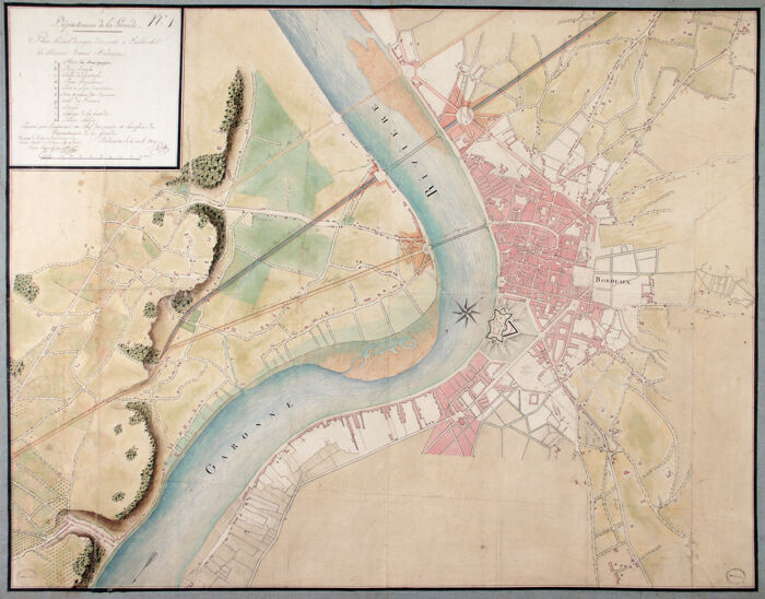 Plan général du projet d’un pont à établir sur la Garonne devant Bordeaux, Didier, ing., 6 avril 1809 (Archives de Bordeaux Métropole, Bordeaux XL A 287).
