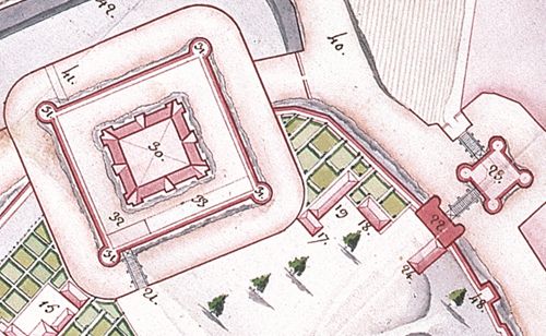 Plan du château en 1746. Les bâtiments de la prison sont numérotés 17 et 19 (Vincennes, Service Historique de la Défense, VH 490, Archives du Génie, article 8, Place de Caen, carton 1, pièce 12, détail).