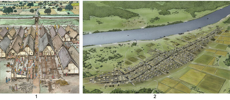 Artistic reconstructions of a Terramare settlement (1) and of Frattesina (Wikimedia Commons; Archaeologia Viva)..