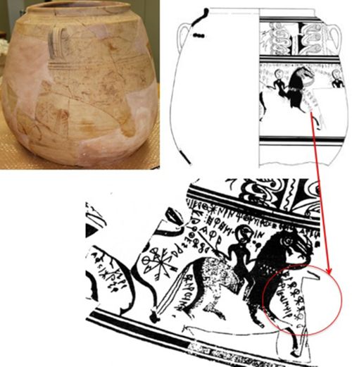 Vase des Guerriers avec décors et inscriptions peints (Sant Miquel de Llíria, Valence) MLH III, F.13.3. Photo : BdHesp, ALF ; Dessin : SIP. Datation : 210-180 a.C.