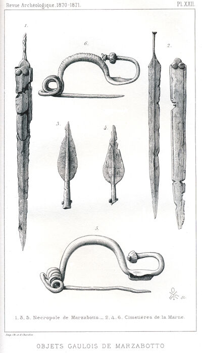 “Objets gaulois de Marzabotto” (d’après Mortillet 1870-1871, pl. XXII).