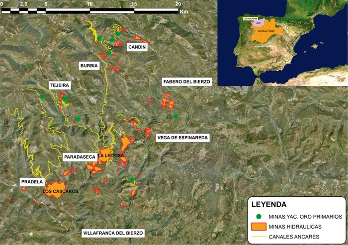 Localización del área de estudio y minas de oro romanas de Los Ancares (León-España). Ortoimagen de base: PNOA 2006 cedida por el Instituto Geográfico Nacional (IGN).