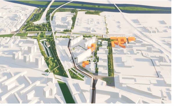 Fig. 10. Schéma d’aménagement des franges de l’université et interactions avec le secteur des Terrasses (Plan Illiex, 2022).